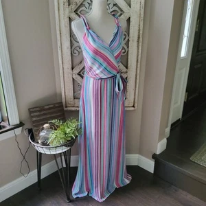 L Love Women's Surplice Twisted Halter Belted Maxi Dress in Pastel Stripe - Picture 1 of 16