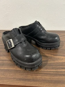 Harley Davidson Womens Size 7 Black Chunky Heel Shoes Lugged Platform Mule Y2K - Picture 1 of 13