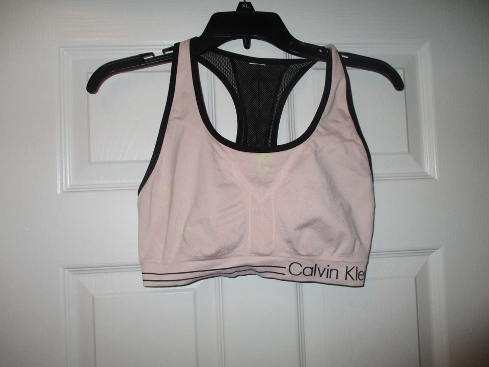 Calvin Klein Sports Bra Women's White Black Seamless Low-Impact Spellout Logo - Image 1 of 2
