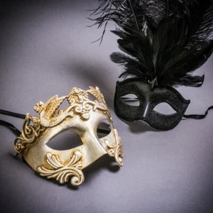Silver Roman Warrior & Black Top Feather Mardi Gras Venetian Couple Party Masks - Picture 1 of 8
