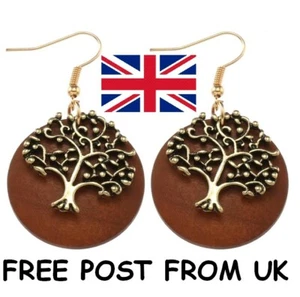 LARGE TREE OF LIFE RHINESTONE EARRINGS WITH WOOD BACKDROP Celtic Christian etc - Picture 1 of 5