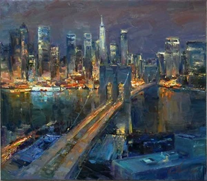 Brooklyn Bridge New York painting Original art Oil on canvas by S Chernyakovsky - Picture 1 of 21
