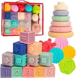3 in 1 Montessori Toys for Babies 0-3-6-12 Months, Soft Baby Teething Toys, Stac - Picture 1 of 12