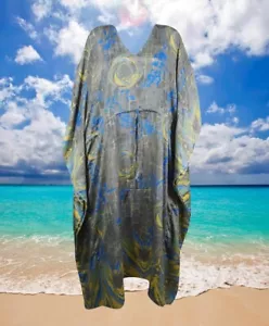 Boho Hippy Gypsy Beach Kaftan Gray Blue Maxi Caftan Coverup Dresses L-2X - Picture 1 of 4