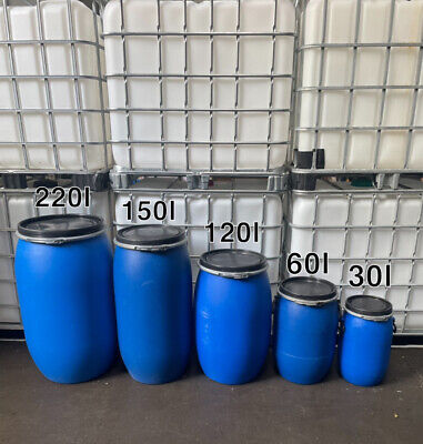 220l 150l 120l 60l 30l Plastic Open Top Barrel Drum Shipping Storage Container • 48.99£