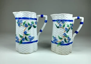 Pair of circa 1920's Basket Weave Style Jugs Decorated with Blue Flowers - Picture 1 of 22