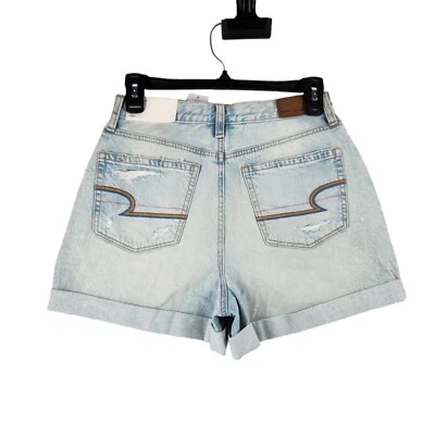 New American Eagle Hi Rise Mom Short Denim Sz 2 Cuffed Distressed Rainbow Pocket - Image 1 of 4