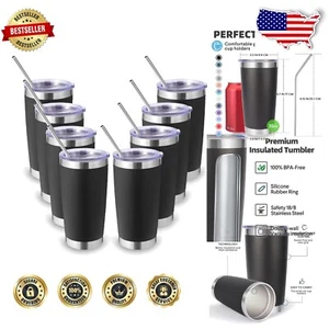 Insulated Black Tumblers 8 Pack - Travel-Friendly Coffee Mugs with Straws - Picture 1 of 9