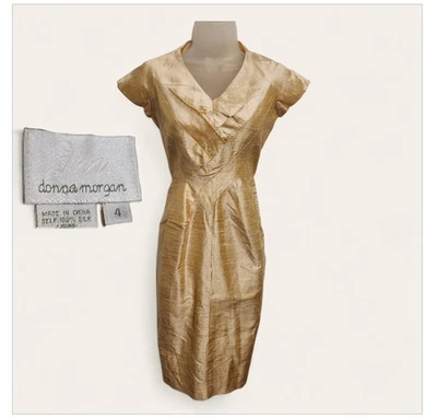 Vestido DONNA MORGAN Vintage 100% Seda Dorado Vaina Moveble Talla 4 Pequeño Foto 1 de 4