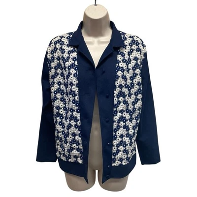 Camisa feminina vintage Modisch chique década de 1960 malha floral botão para cima azul marinho mod retrô - Imagem 1 de 4