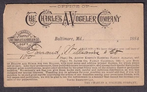 1884 Anzeigenpostkarte The Charles A Vogeler Company Baltimore - Almanache Schaukarten - Bild 1 von 2