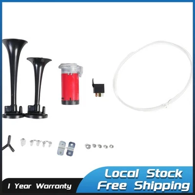Kit de compresor de bocina de aire tren trompeta doble barco coche camión 12V 130DB negro fuerte Foto 1 de 4