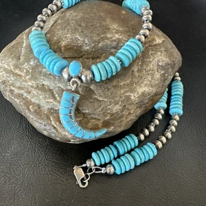 Blue Turquoise Inlay Pendant Navajo Sterling Silver Necklace 19515 - Picture 1 of 14