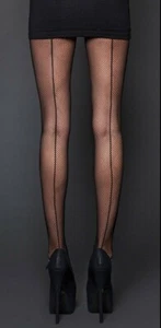 FISHNET BACKSEAM TIGHTS BLACK RED SKIN 5 COLOURS QUALITY HOSIERY - Foto 1 di 7