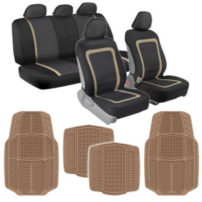 Juego de funda de asiento de malla beige y alfombrillas de goma de alta resistencia para coche camión SUV furgoneta Foto 1 de 4