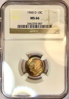 1960-D Roosevelt Silver Dime NGC MS66 Beautiful Pastel Style Rainbow Toned - Image 1 of 2