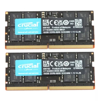 Crucial 32GB (2X16GB) DDR5 5600MHz PC5-38400 CL46 SODIMM Memory Ram CT16G56C46S5 - Image 1 of 4