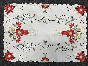 Holiday Christmas Embroidered Red Pointsettia Embroidery Table Placemat Runner - Bild 1 von 6