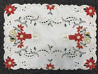 Holiday Christmas Embroidered Red Pointsettia Embroidery Table Placemat Runner - Image 1 of 4