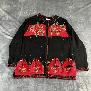 White Stag Vintage Christmas Cardinal Embroidered Beaded Cardigan Sweater SZ 16 - Picture 1 of 7