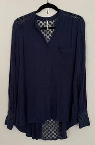 Free People Navy Blouse Womens Size S Crochet Hi Low Hem Cottage Core Boho Tunic - Picture 1 of 11