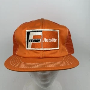 Vintage Fram Autolite Large Patch Mesh Snapback Cap Trucker Hat USA Made Orange - Picture 1 of 13