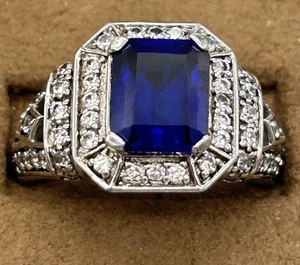 Sterling Sapphire Faux And White Stone Halo Ring Emerald Cut Statement Sz10 7.8g - Picture 1 of 8