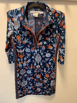 Gretchen Scott Orange And Blue Print Dress Size Xtra Small Stretch 3/4 Sleeves - Image 1 of 4