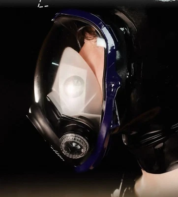 Capucha de látex negra con respiración controlada Máscara transparente para fetiche ropa de club Foto 1 de 4