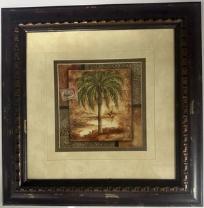 Framed Tropical Palm Tree Wall Art Vintage Style Brown Distressed Frame 24”x24” - Picture 1 of 1