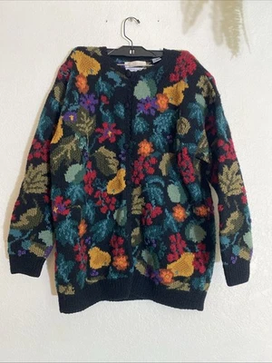 vtg NORM THOMPSON floral handknit cardigan sweater SZ Medium 90s y2k 100% Wool - Image 1 of 4