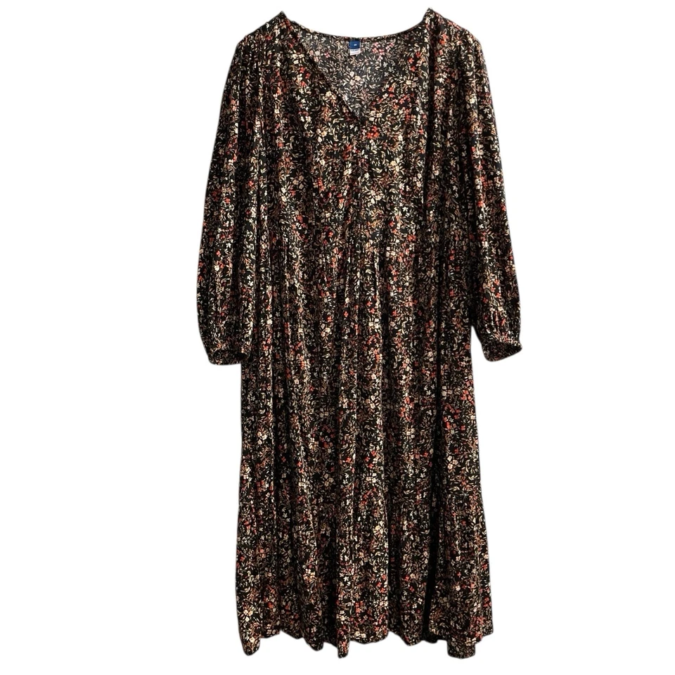 Old Navy Dress Women 2X Dark Floral Tiered Maxi Balloon Slv Cottagecore Prairie - Image 1 of 4