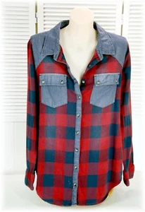 Women's Rusty Red Check Denim L/S Over Sized Distressed Look Shirt Size 10 - Picture 1 of 11