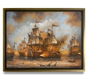 Hungryartist -Original Oil Painting of Colonial Battleship on Canvas  12x16 - Picture 1 of 6