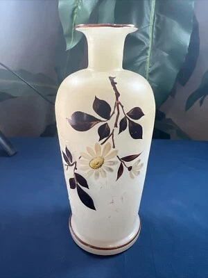 Vintage Glass Vase White Handpainted Flowers  8" - Image 1 of 4