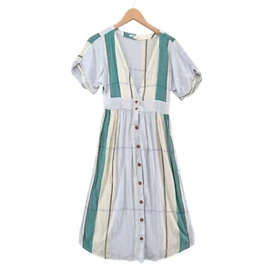 Oneill Reid Striped Midi Dress White Green Button Front Plunge Short Sleeve Sz M - Picture 1 of 10