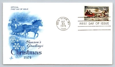 1974 Art Craft FDC Christmas Season Greetings NY #1551 Currier Ives Horse Sleigh - Image 1 of 2