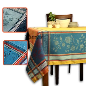 Wipeable Stain Resistant French Floral Croix Jacquard Tablecloth Blue Red Yellow - Picture 1 of 17