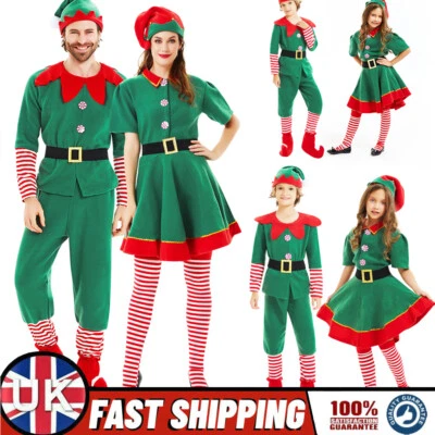 Christmas Elf Costume Adults Kids Family Fancy Dress Santa Helper Costume Outfit - Image 1 of 4