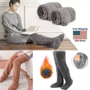 Over Knee High Fuzzy Socks Plush Slipper Stockings Women Furry Long Leg Warmers - Picture 1 of 16