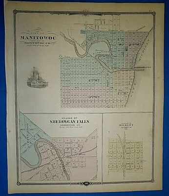 Antique 1878 Map ~ CALUMET Co. - MANITOWOC, WISCONSIN ~ Old Authentic Ancestry - Image 1 of 4