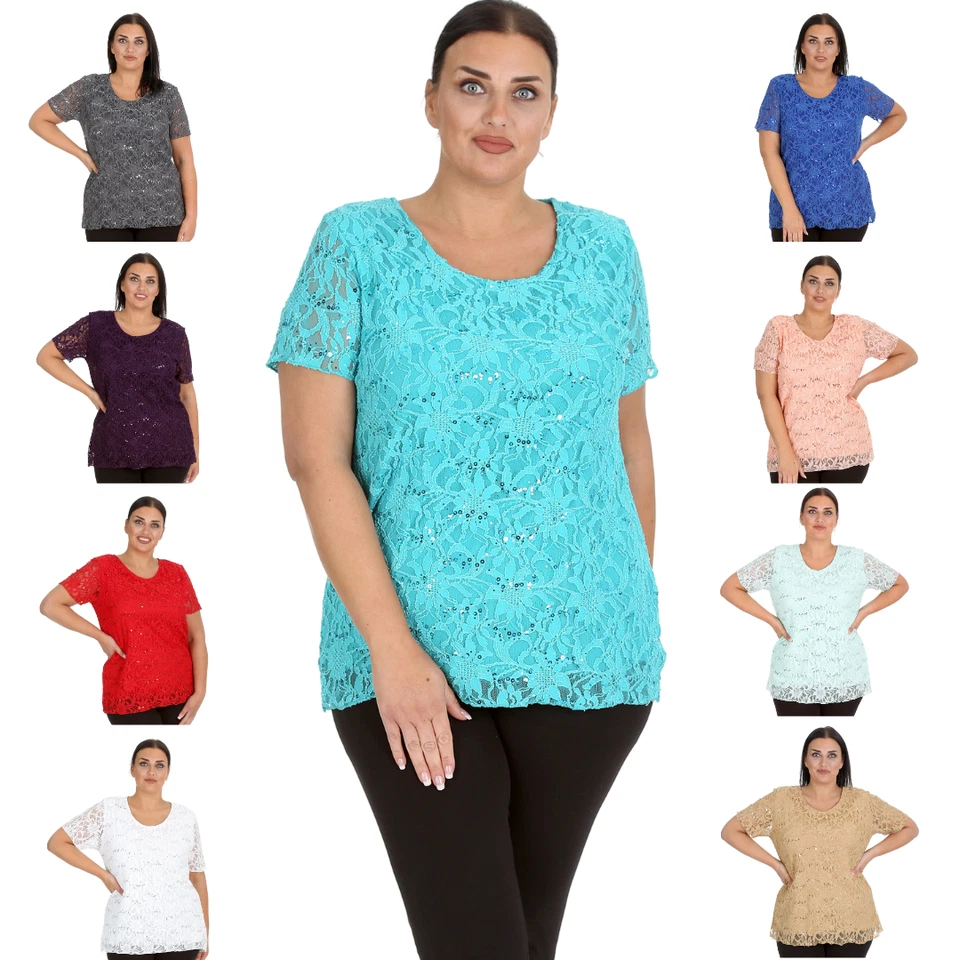 Nouvelle Ladies Womens Plus Size Sequins Floral Lace Ladies Party Xmas Tunic Top - Image 1 of 1