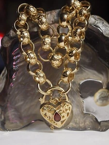 375 YELLOW GOLD BELCHER BRACELET WITH HEART LOCKET & SAFETY CHAIN - RED GARNET - Picture 1 of 11
