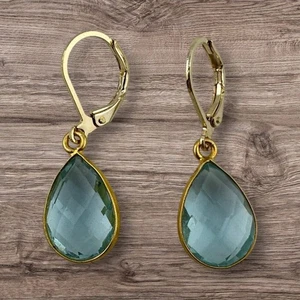 Aquamarine (Sim) Earrings 18KT Gold Filled Leverbacks Vermeil Bezel Setting NWT - Picture 1 of 10