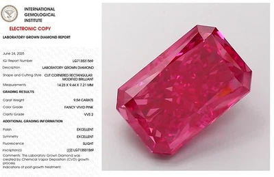 9.54 Radiant Lab Grown Diamond Engagement Ring IGI Certify Fancy Vivid Pink VVS - Image 1 of 4