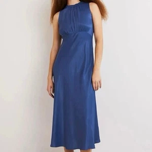 NWT Boden Bias Cut Midi Dress Size 6 Sea Blue Satin Occasion Guest Minimalist - Picture 1 of 15