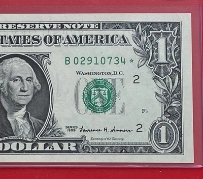 1999 STAR NOTE $1 DOLLAR BILL ( New York  B ) UNCIRCULATED - Image 1 of 3