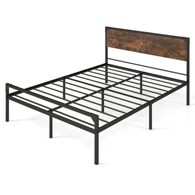 Queen Size Metal Bed Frame Platform with Wooden Headboard No Box Spring Needed - Image 1 of 4