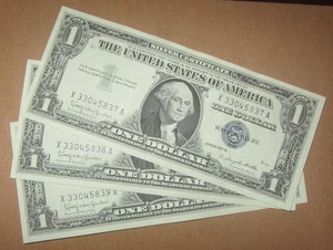 (3) consecutive 1957-B $1 U.S. One Dollar notes bills - UNC "wave" - Picture 1 of 4