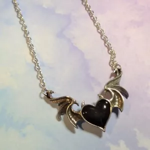 New Alchemy Gothic Black Soul Winged Heart Pendant Necklace Pewter Enamel  P896 - Picture 1 of 3